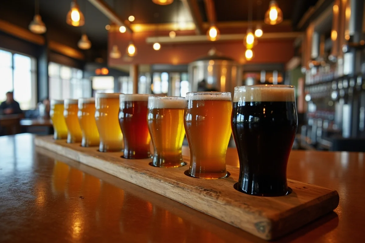 Flight of craft beers at a Helena brewery with taproom interior visible