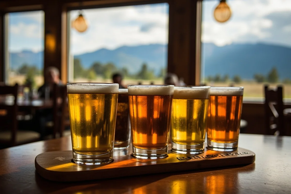 Flight of craft beers at a rustic Montana brewery with mountain views