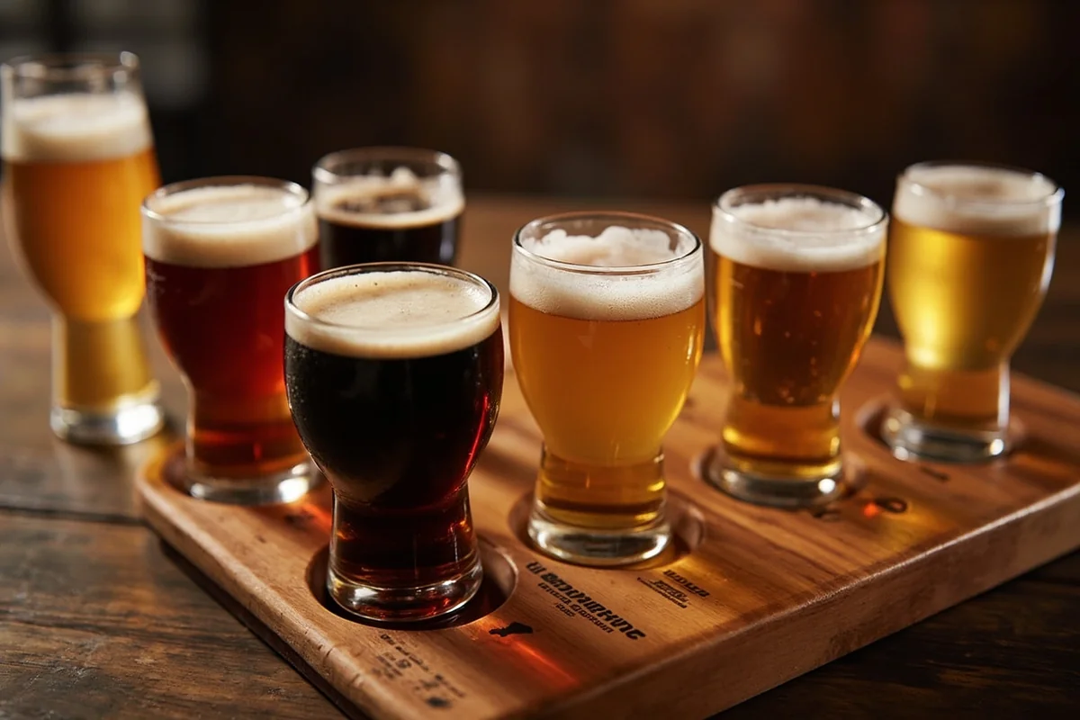 Flight of craft beers at White Dog Brewing showing variety of colors and styles
