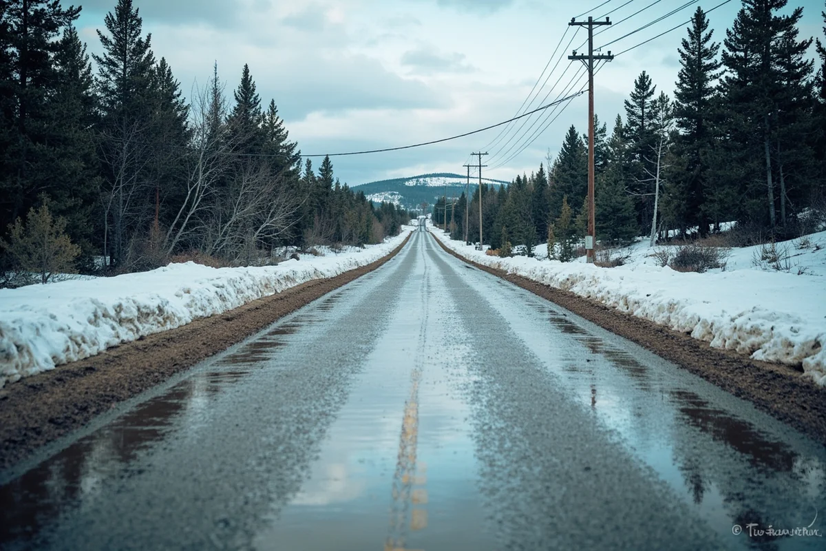 Flooded rural Montana road in winter with snow on the sides and muddy water covering the pavement