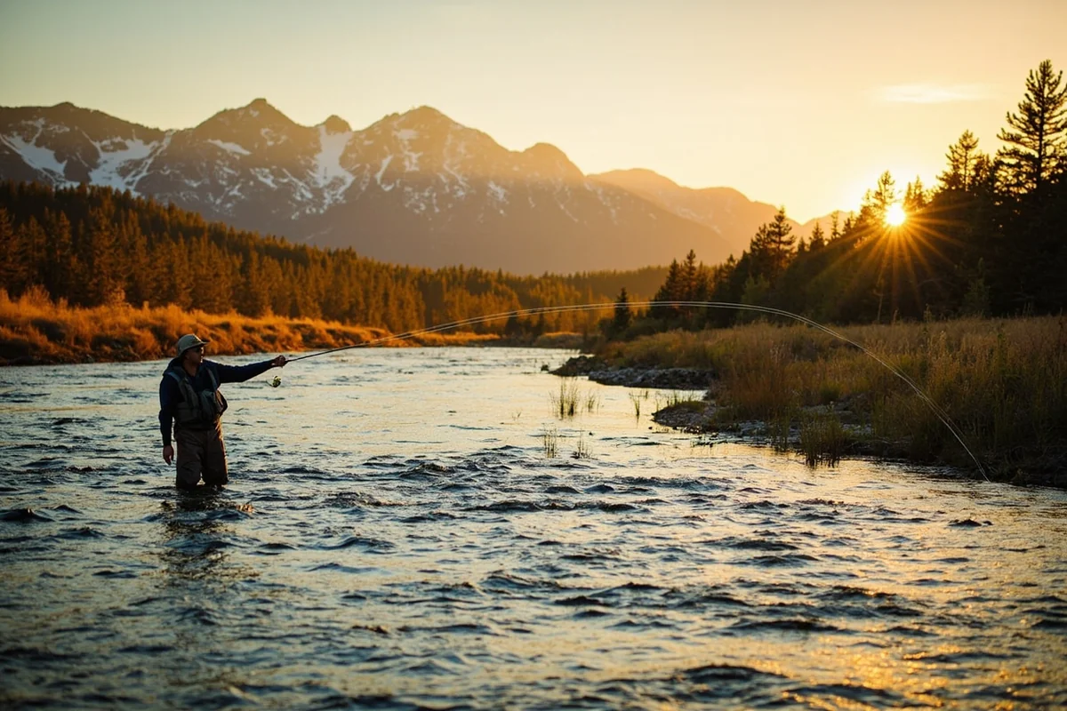 Fly fisher casting in the Madison River with mountain backdrop at golden hour