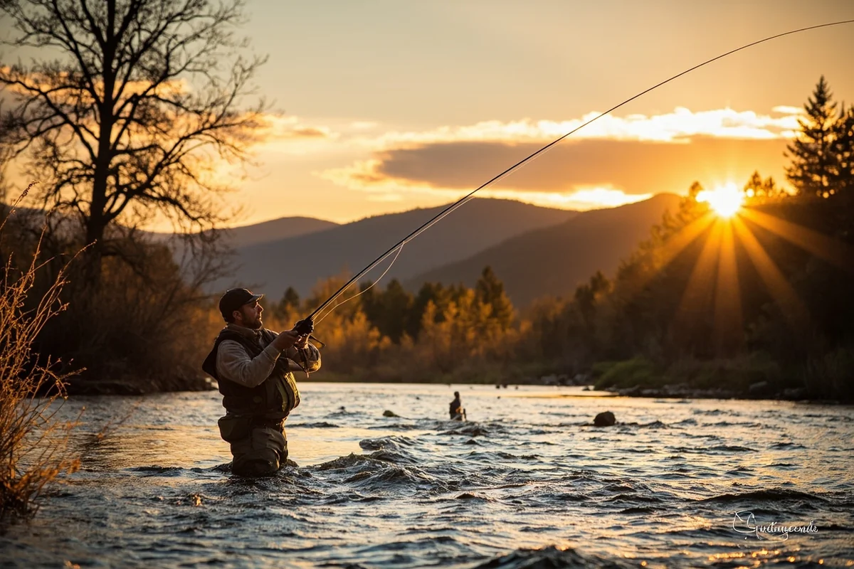 Fly fisher casting on the Blackfoot River near Missoula at golden hour