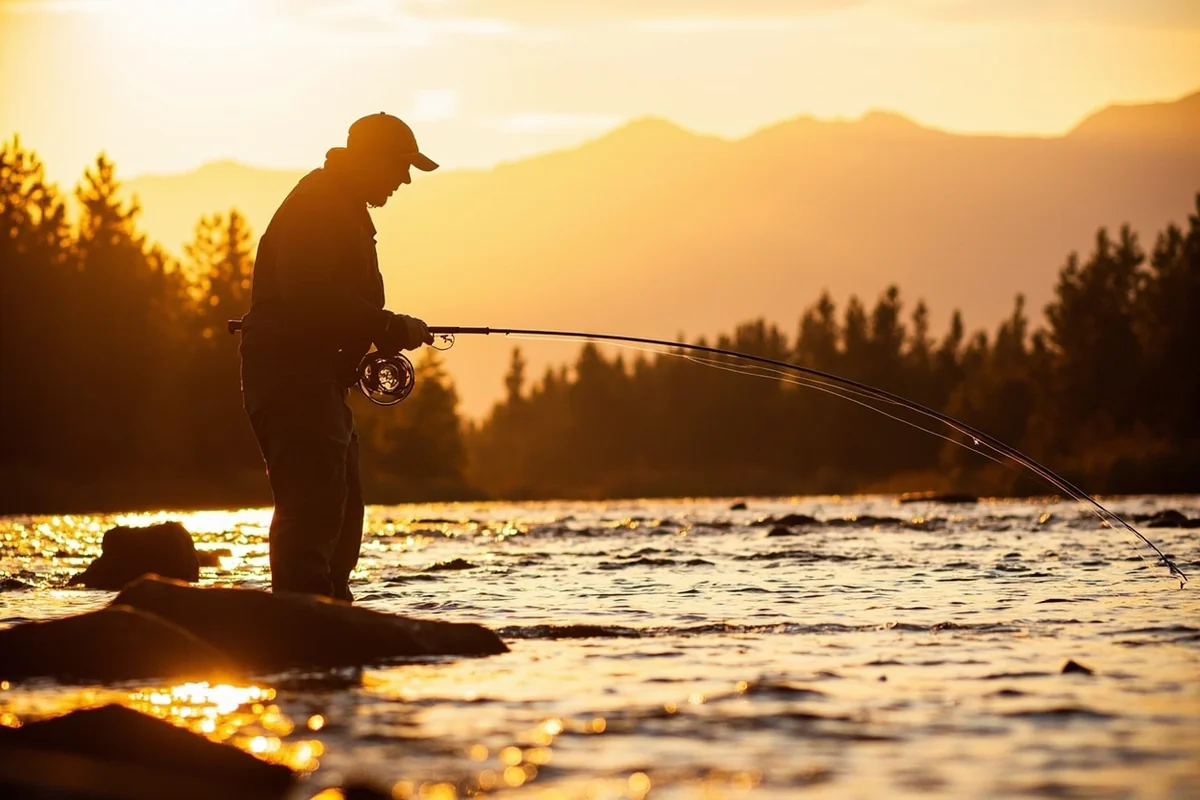 Fly fisher casting on the Madison River during golden hour with mountains silhouetted behind