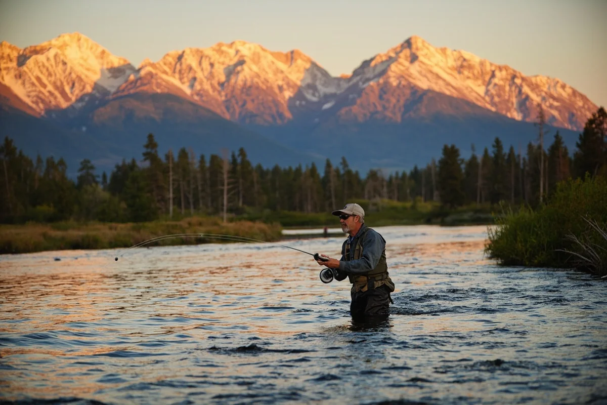 Fly fisher casting on the Madison River with mountains in background at golden hour