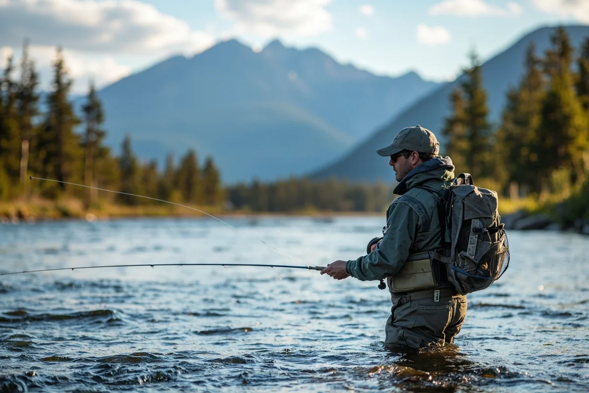 Fly fisher in Simms gear casting on a Montana river with mountains in background