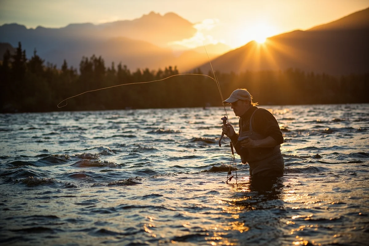 Fly fisher on the Madison River with mountain backdrop during golden hour