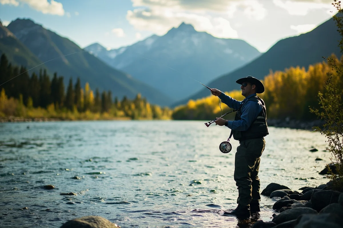 Fly fisherman casting in a Montana river with mountains in background