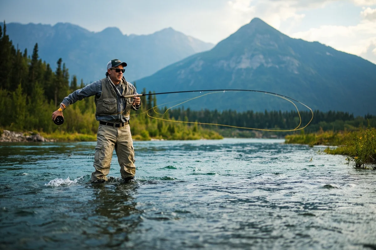 Fly fisherman casting in a pristine Montana river with mountain backdrop