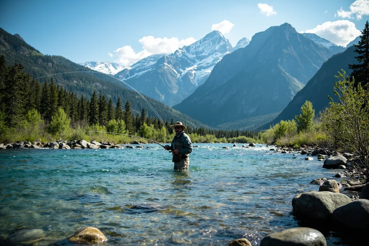 Fly fisherman casting in crystal-clear Montana river with mountain backdrop