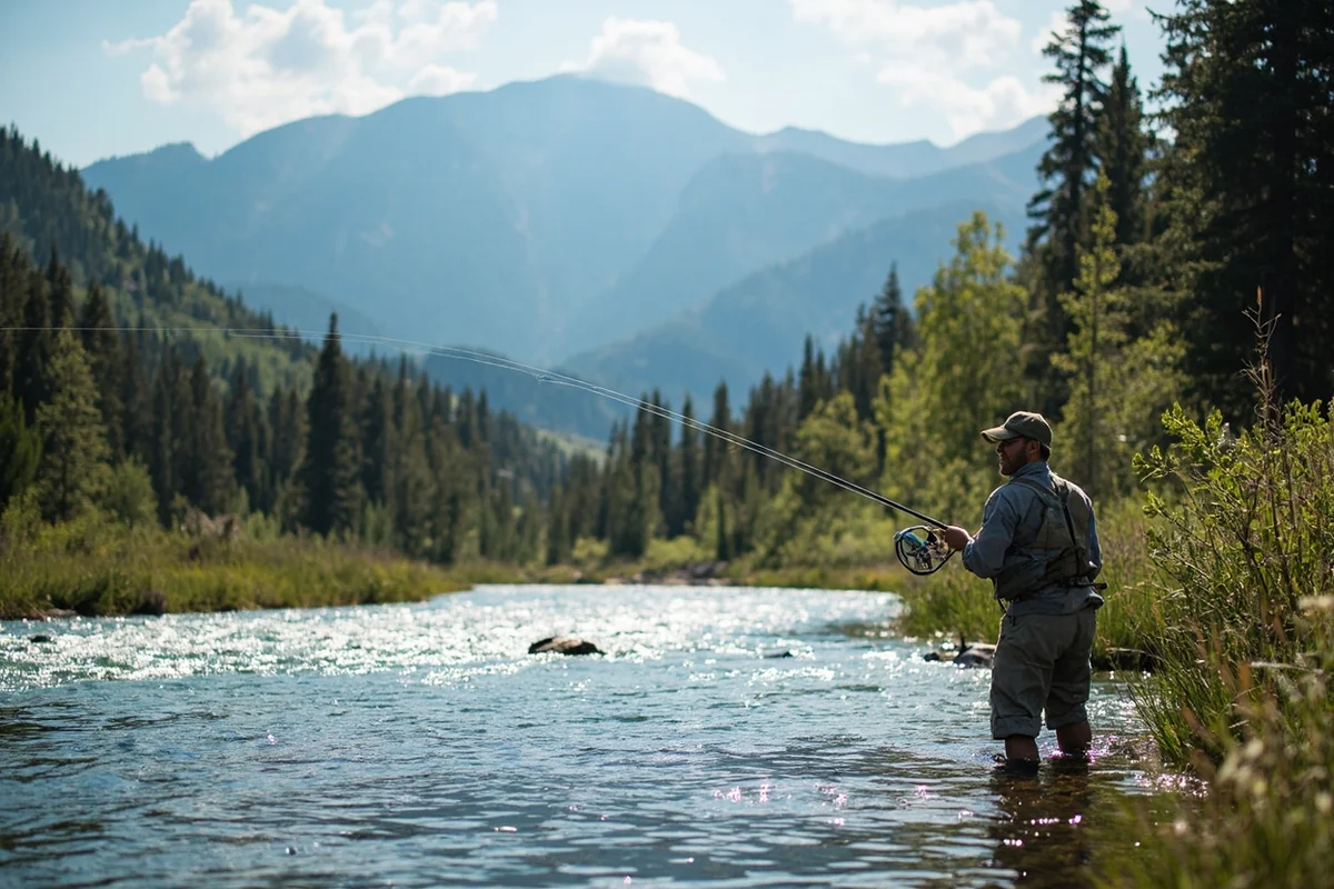 Fly fisherman casting in Montana's Gallatin River with mountain backdrop