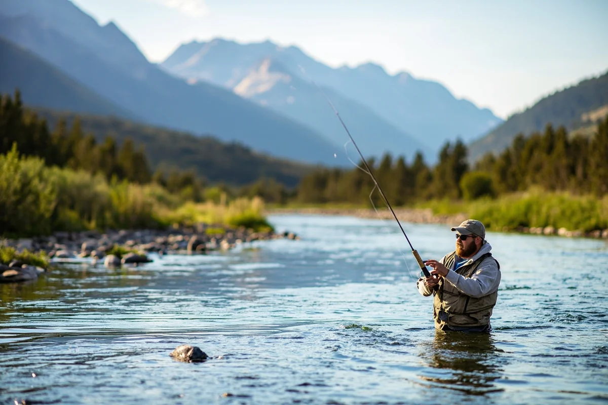 Fly fisherman casting in the Madison River with mountain backdrop