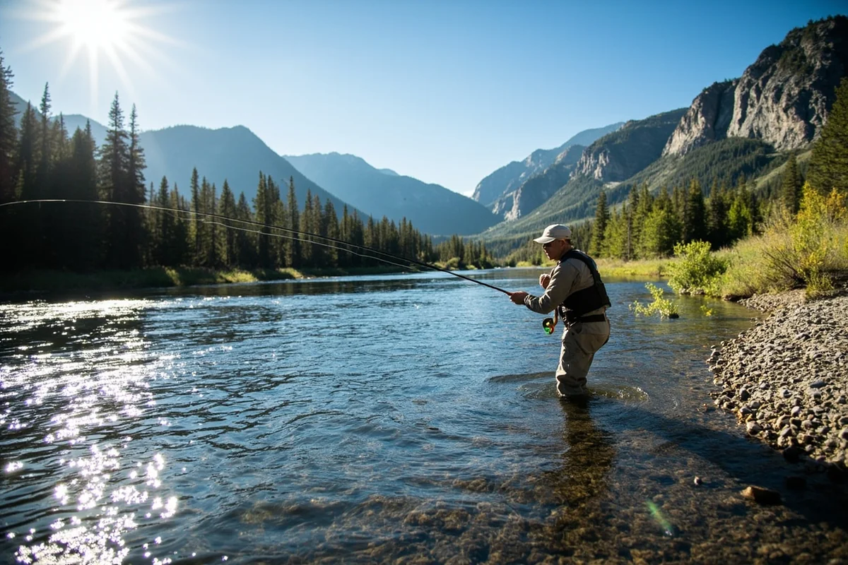Fly fisherman casting into the Gallatin River with mountain scenery in the background