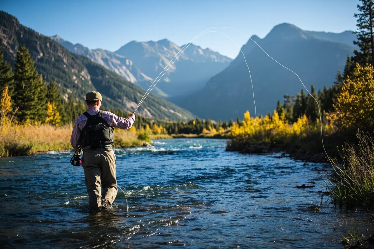 Fly fisherman casting on a Montana river with mountains in background