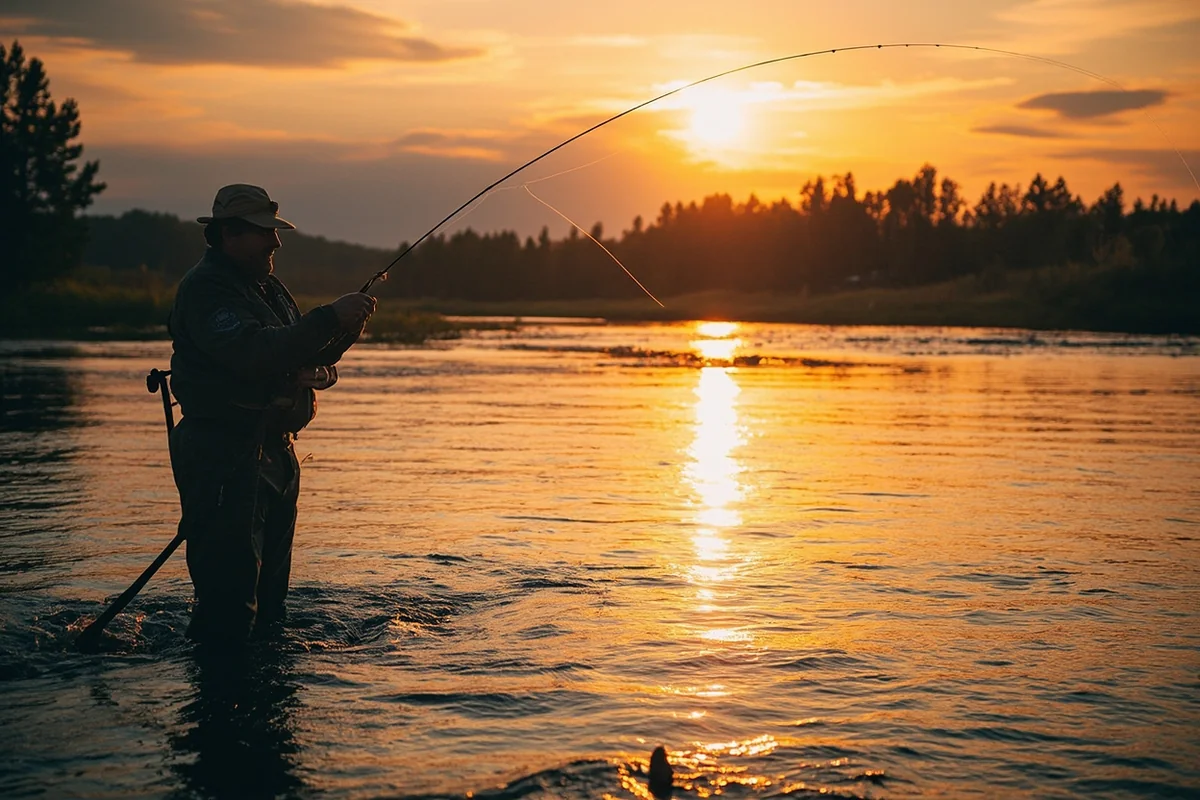 Fly fisherman casting on the Blackfoot River at golden hour