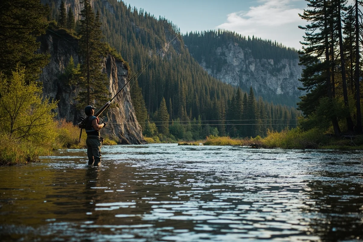 Fly fisherman casting on the Blackfoot River with pine forests and rocky cliffs in background
