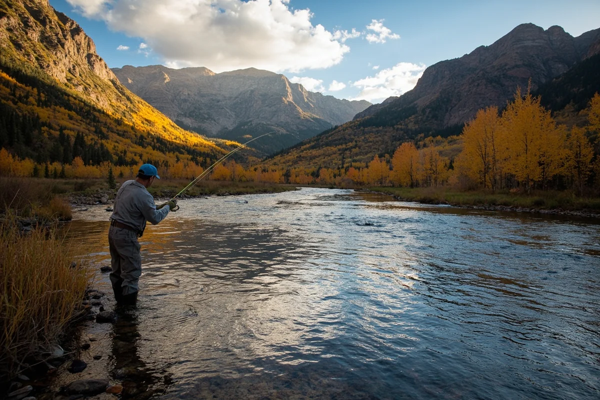 Fly fisherman casting on the Gallatin River with fall colors on the surrounding mountains