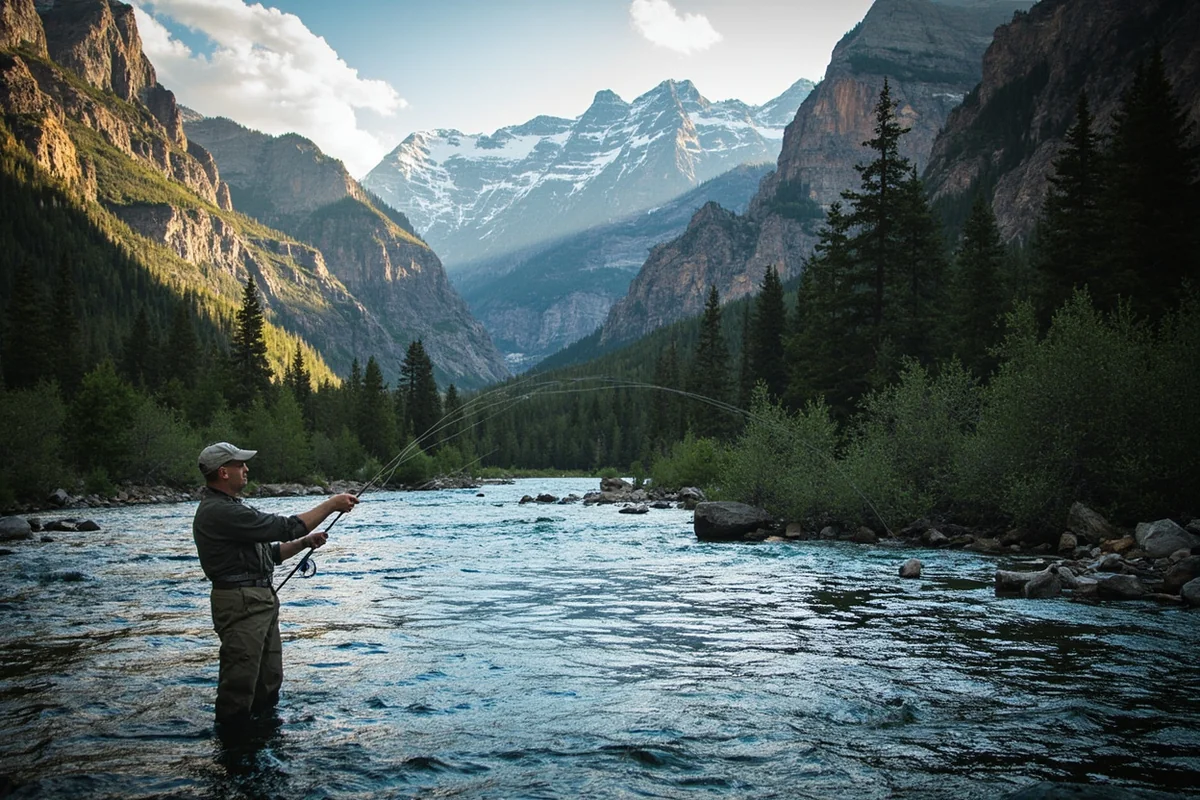 Fly fisherman casting on the Gallatin River with mountain canyon walls behind