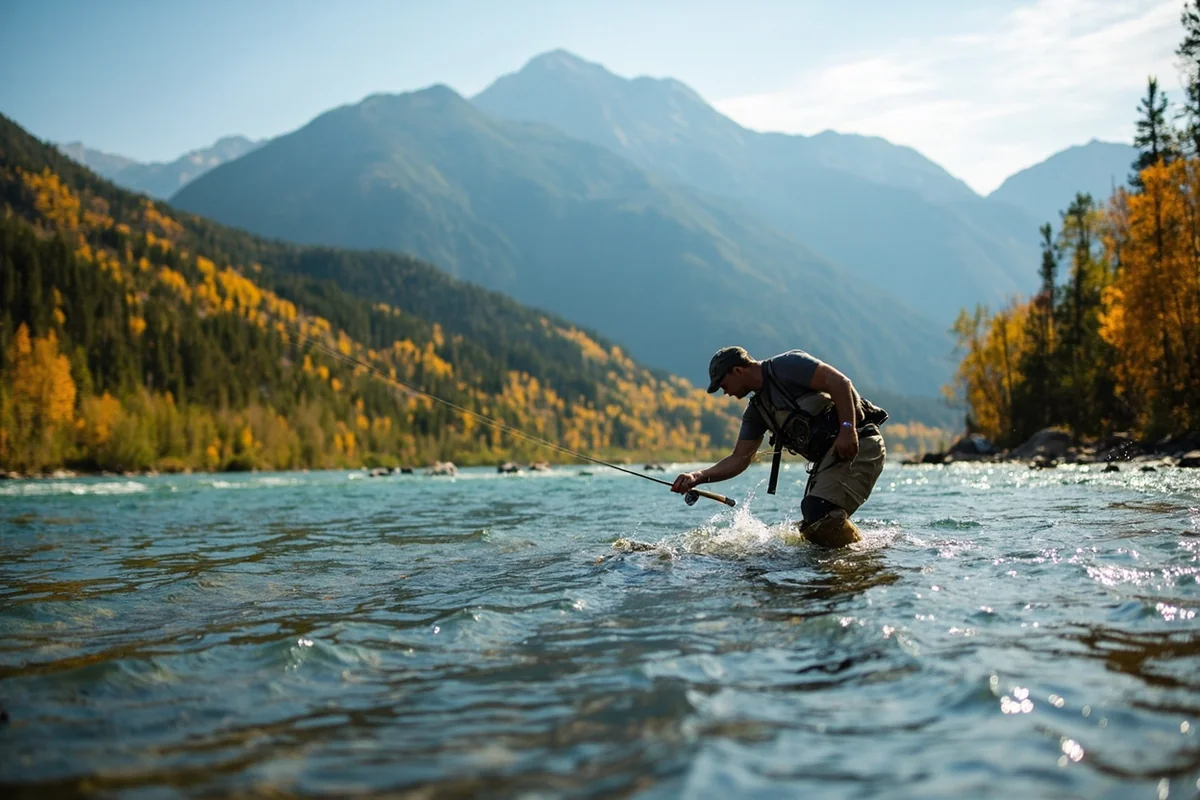 Fly fisherman in Montana river with mountain backdrop