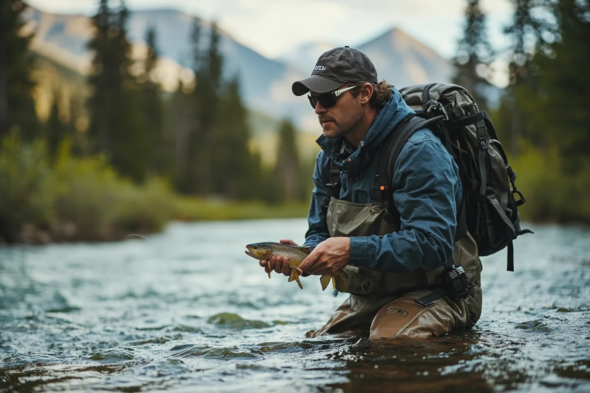 Fly fisherman on a Montana river in waders and protective gear