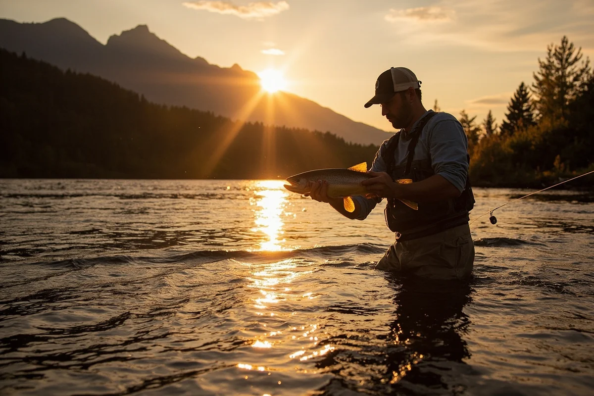 Fly fisherman on the Madison River during golden hour with mountains in background