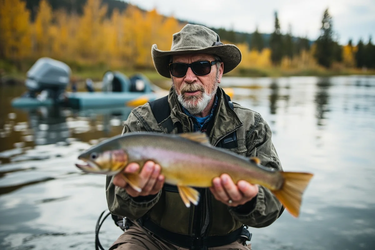 Fly fisherman on the Missouri River near Craig, Montana with guide boat in background