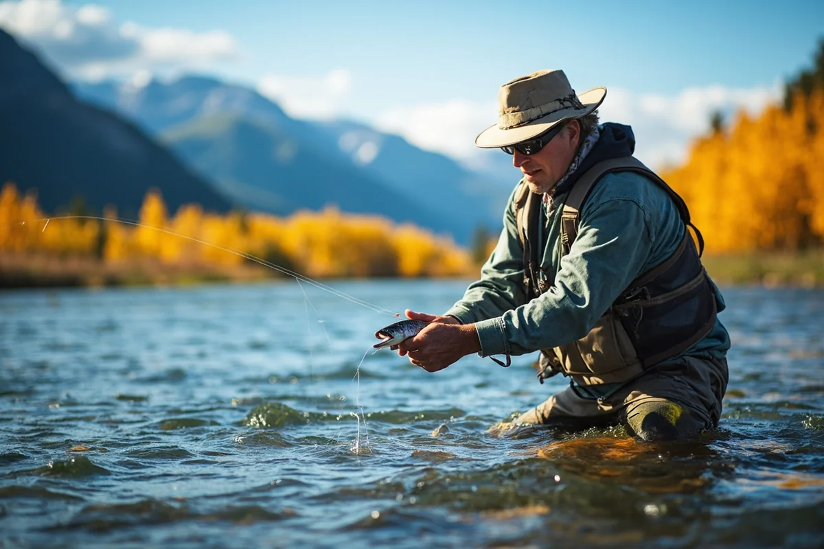 Fly fishing on the Madison River in Montana with mountain backdrop