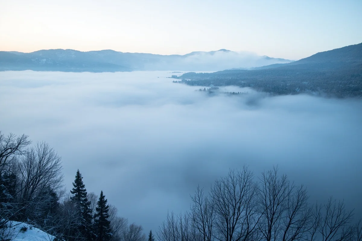 Fog layer trapped in a Montana valley during a winter temperature inversion