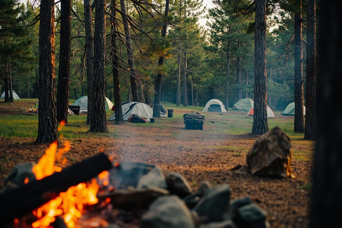 Forest service campground with tent sites visible through pine trees, fire ring in foreground