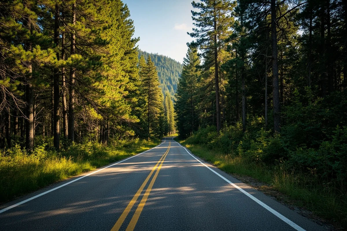 Forest Service Road leading through dense pine forest toward Morrell Falls trailhead