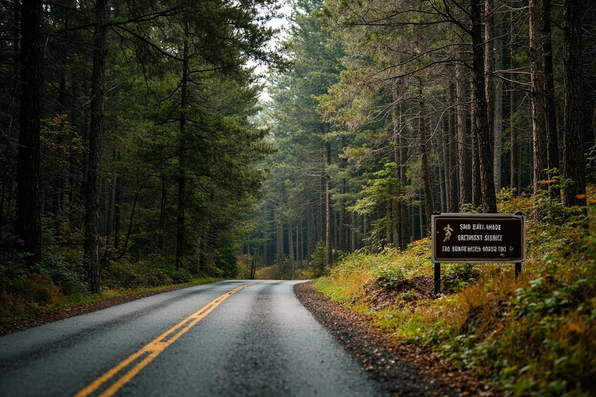 Forest Service road leading to Passage Creek Falls trailhead through dense pine forest