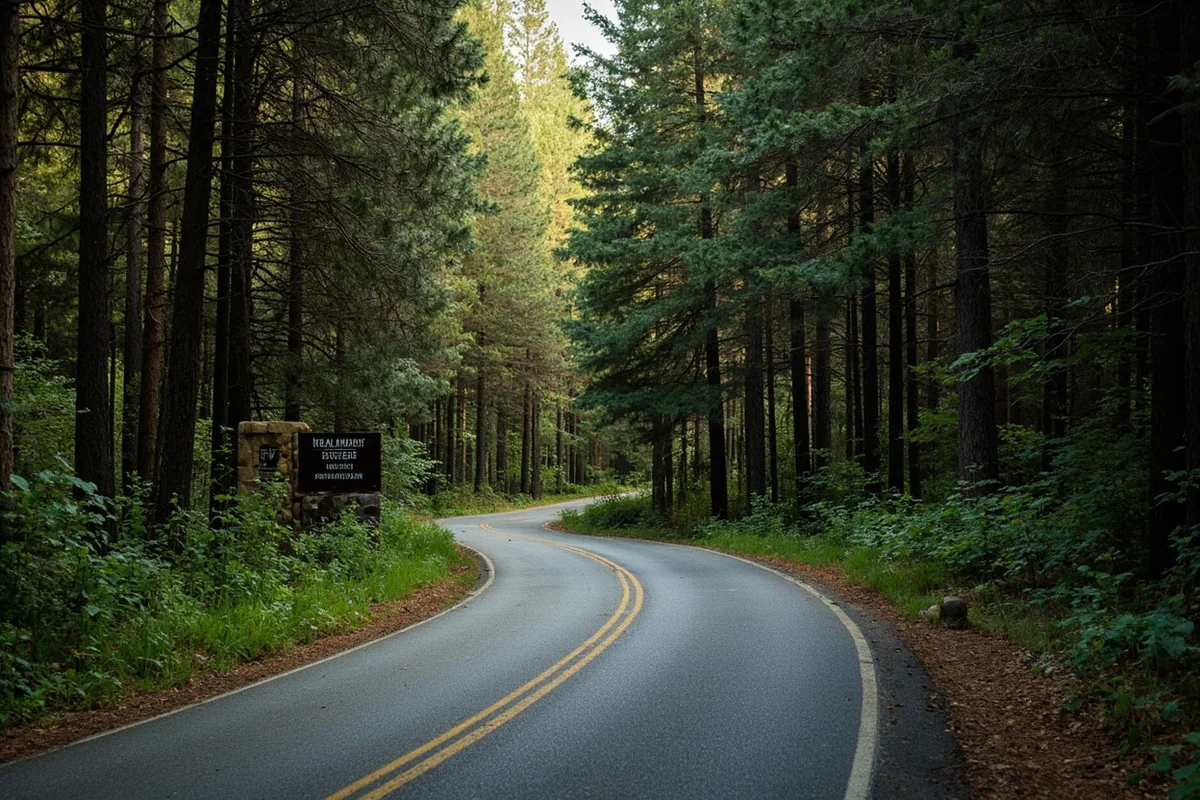 Forest Service road leading to Salamander Falls trailhead with dense pine trees on both sides