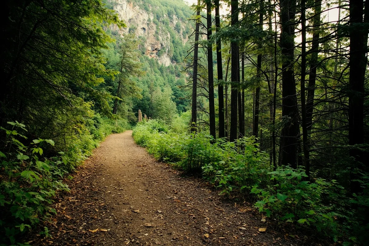 Forest trail leading toward Horsetail Falls showing typical terrain and tree coverage