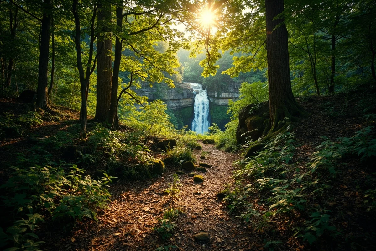 Forest trail leading toward Memorial Falls with dappled sunlight through trees