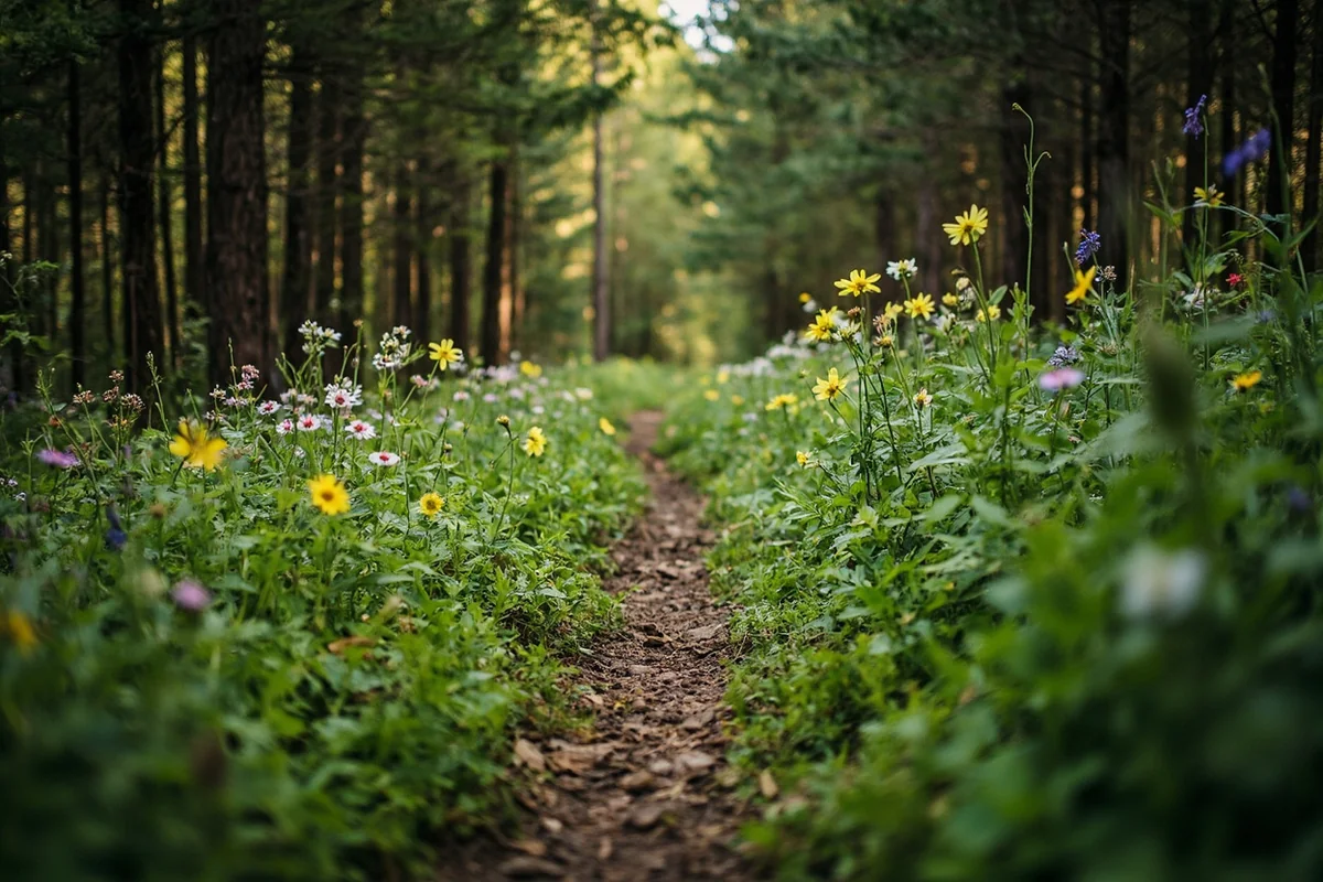 Forest trail section with wildflowers blooming along the path edges
