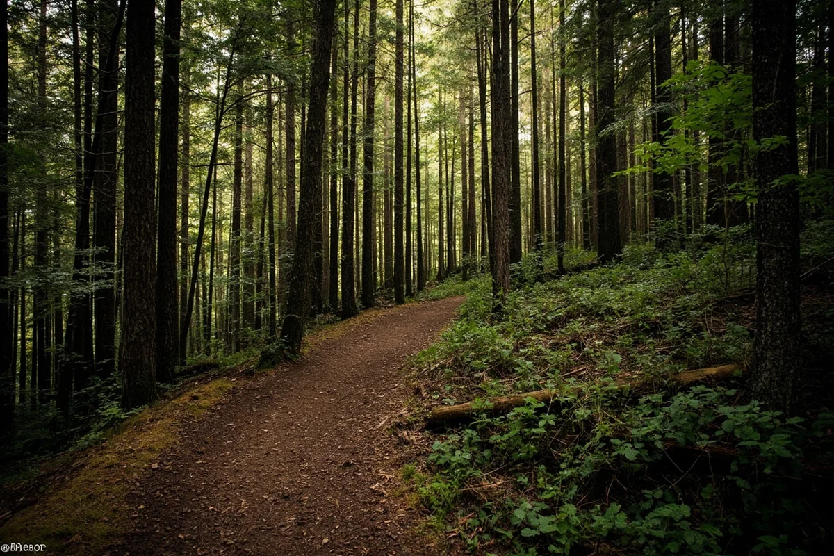 Forest trail winding through old-growth trees on the way to Passage Creek Falls