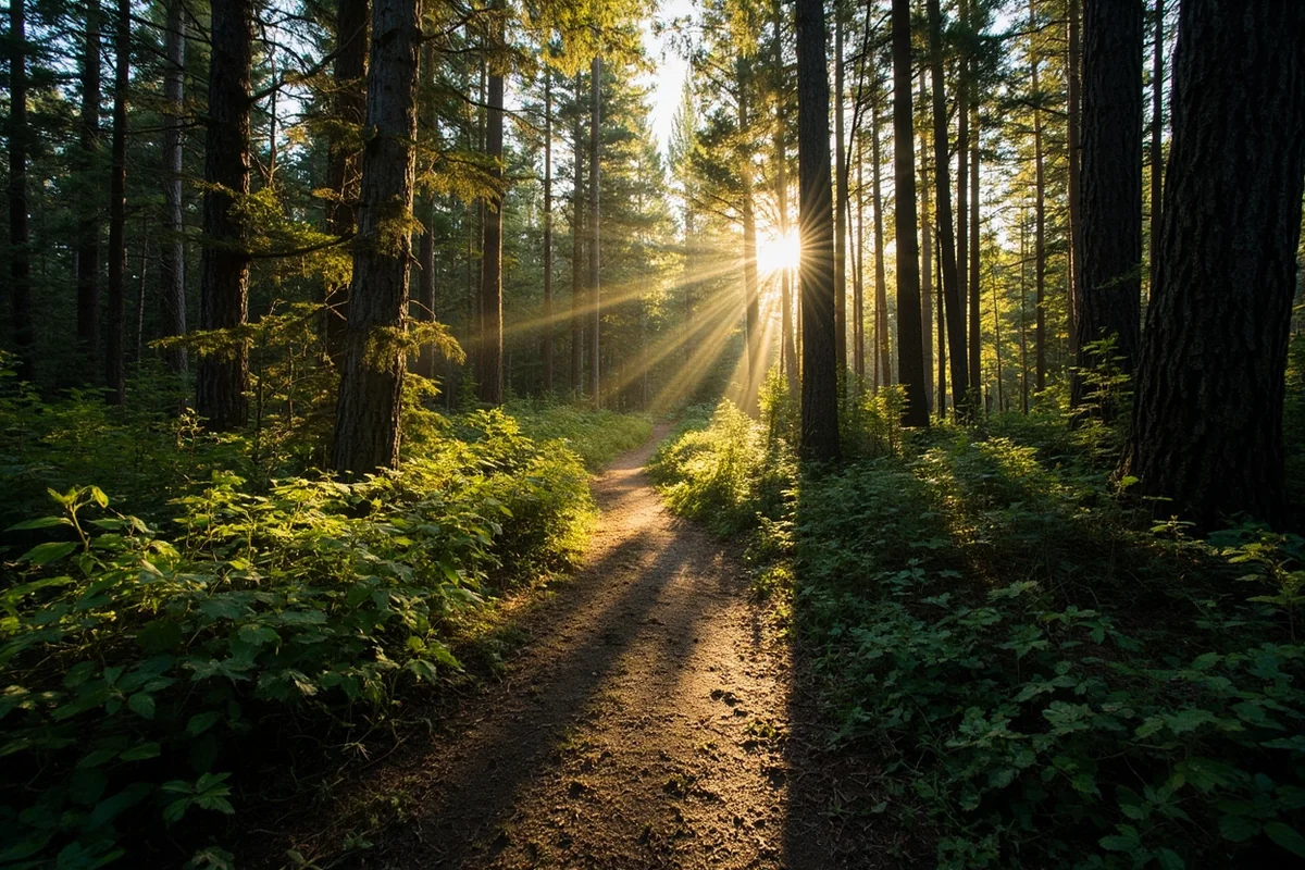 Forest trail with dappled sunlight filtering through pine trees along Lost Creek