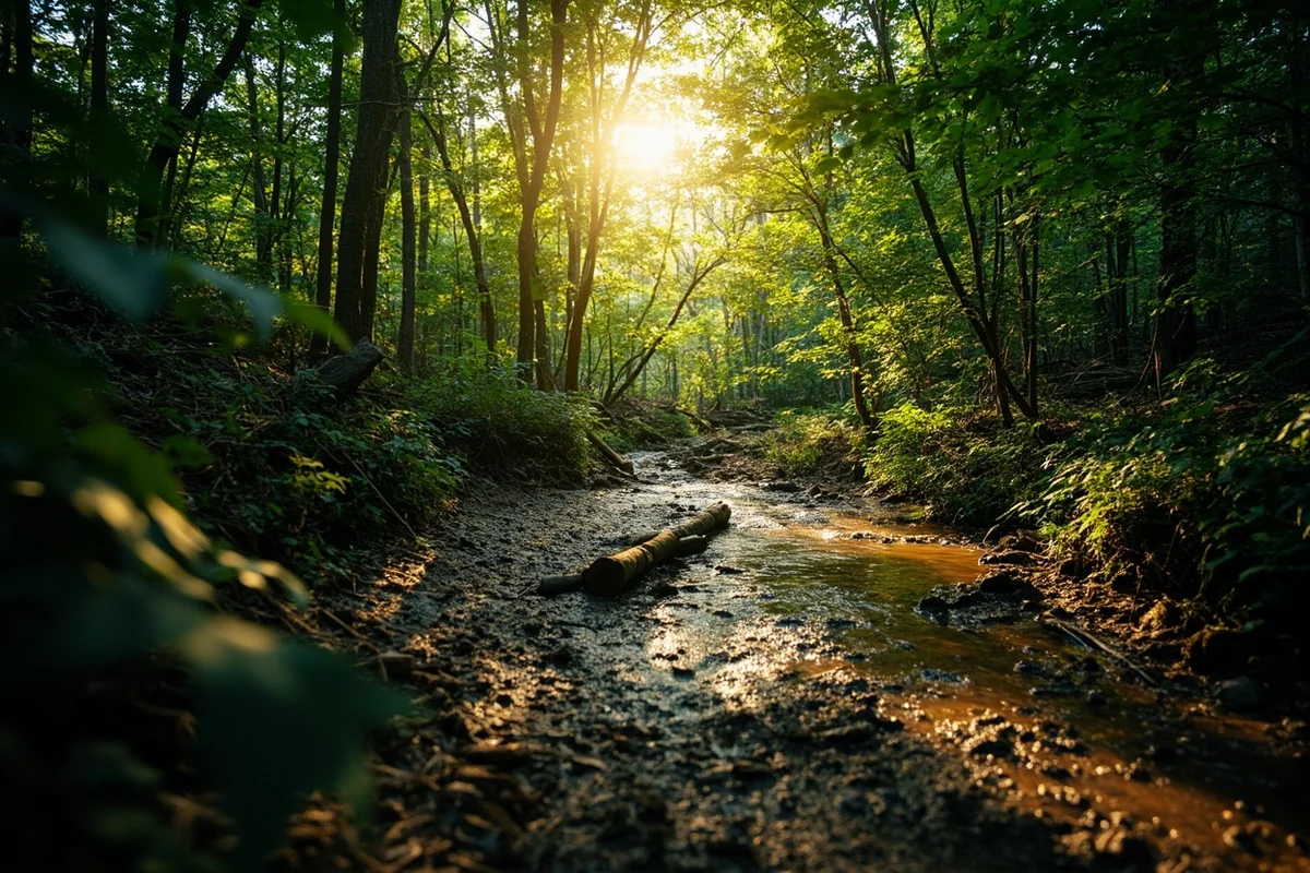 Forest trail with dappled sunlight showing muddy section near creek crossing