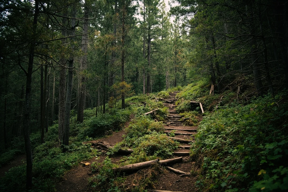 Forested trail section with switchbacks visible climbing through evergreens