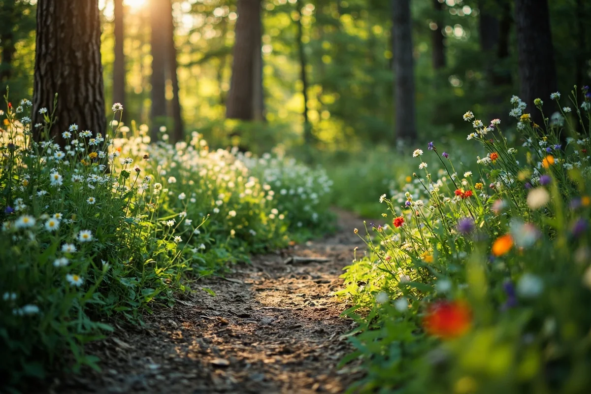 Forested trail section with wildflowers blooming alongside the path in summer