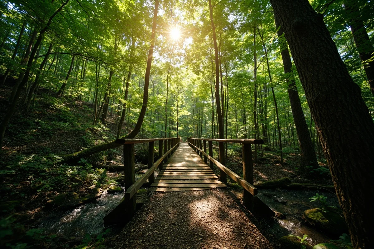 Forested trail section with wooden footbridge crossing small creek, dappled sunlight filtering through trees