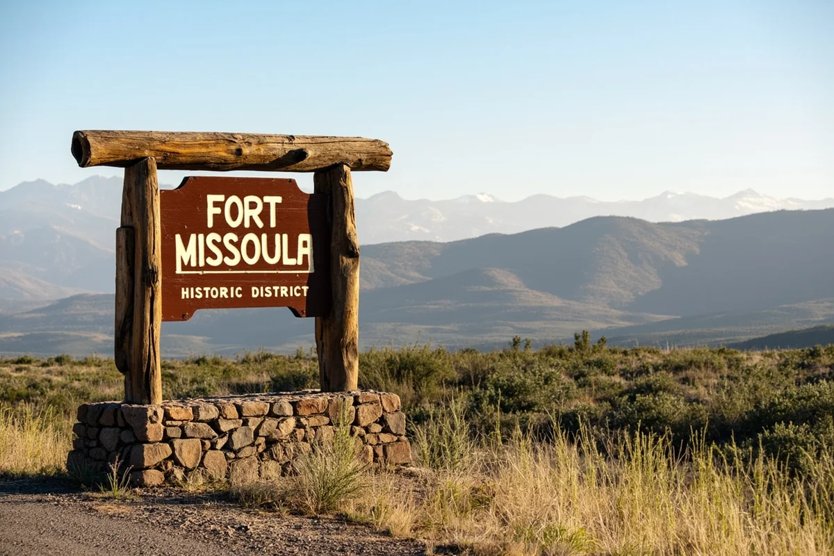 Fort Missoula Historic District entrance sign with mountain backdrop