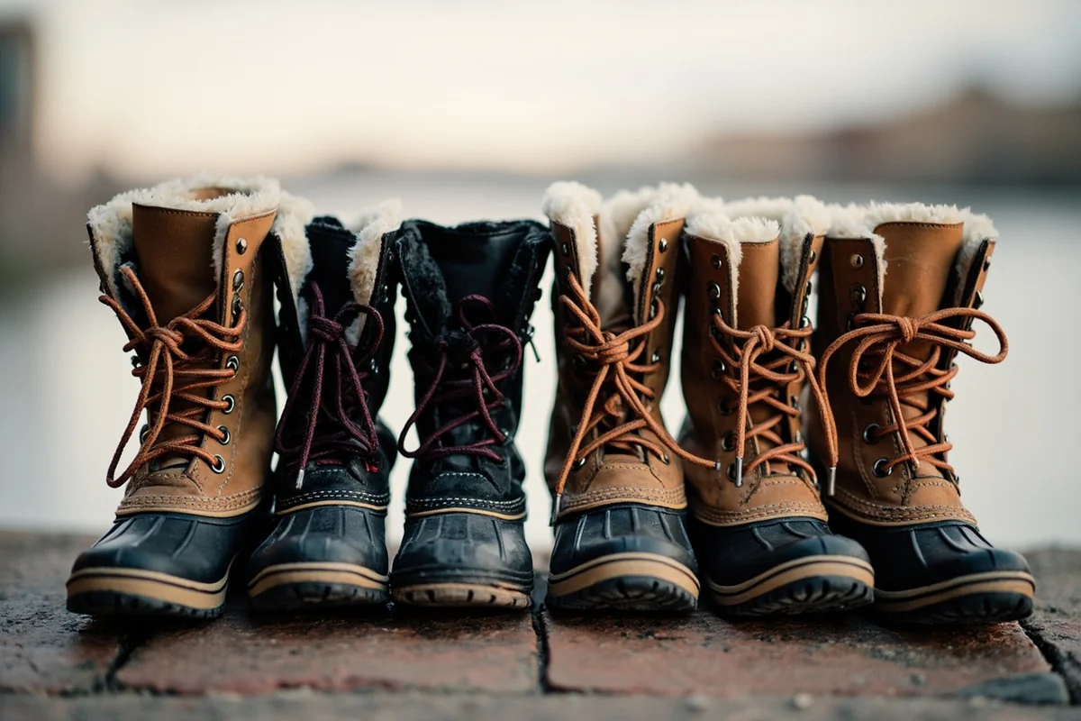 Four pairs of winter boots arranged showing the author's complete rotation