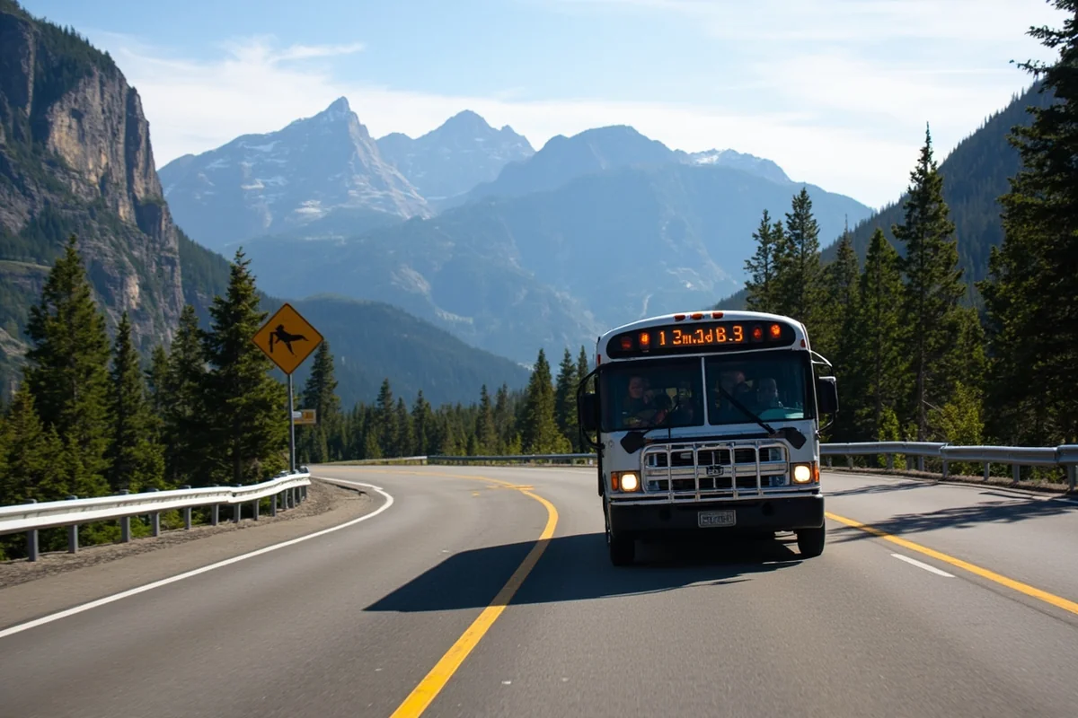 Free shuttle bus on Going-to-the-Sun Road in Glacier National Park with mountain backdrop