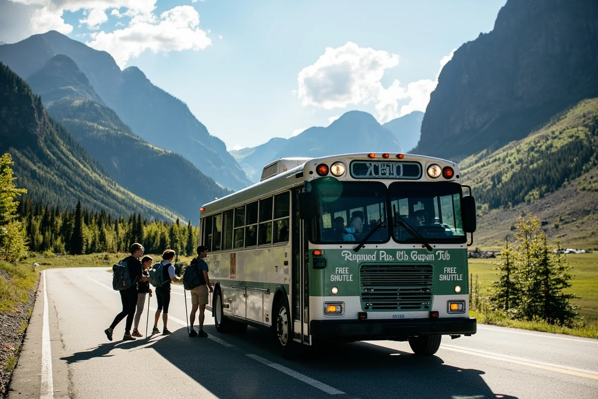 Free shuttle bus stopped at Logan Pass in Glacier National Park with hikers