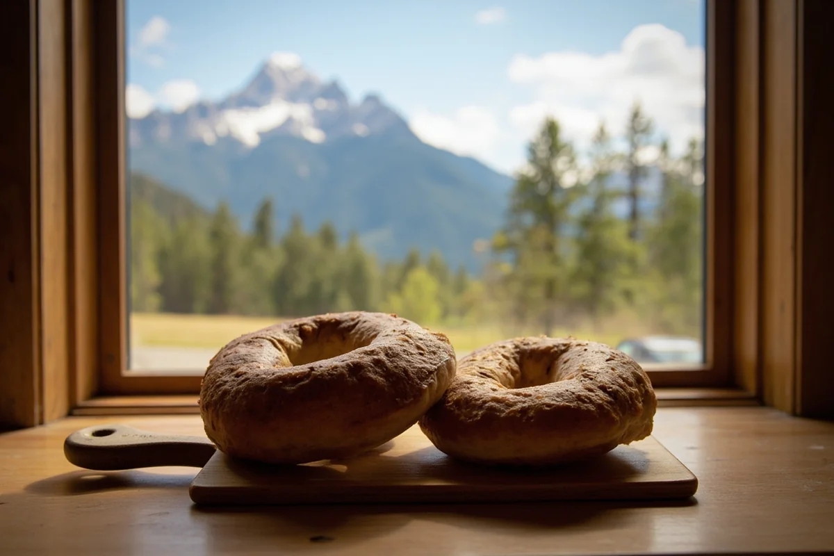 Fresh bagels on a wooden board with Montana mountain backdrop through window