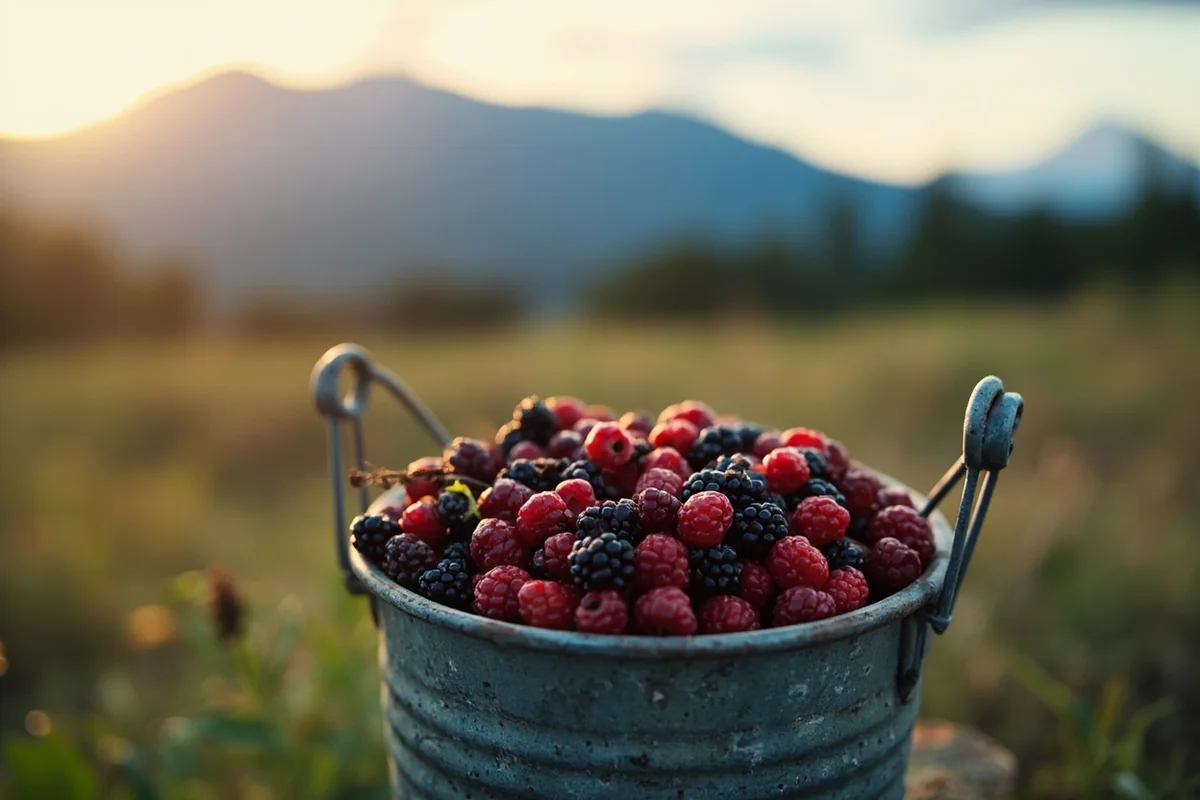 Fresh huckleberries in vintage pail with mountain backdrop