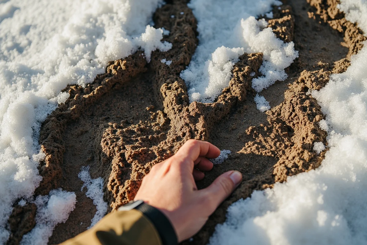 Fresh mountain lion tracks in mud or snow with a hand for scale reference