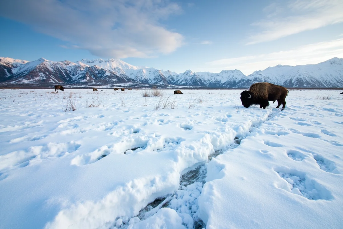 Fresh snow covering Montana hunting terrain with bison tracks visible in foreground