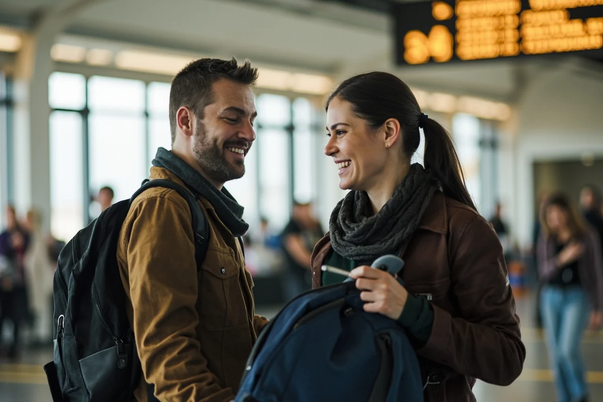 Friendly airport staff helping traveler at small Montana airport terminal