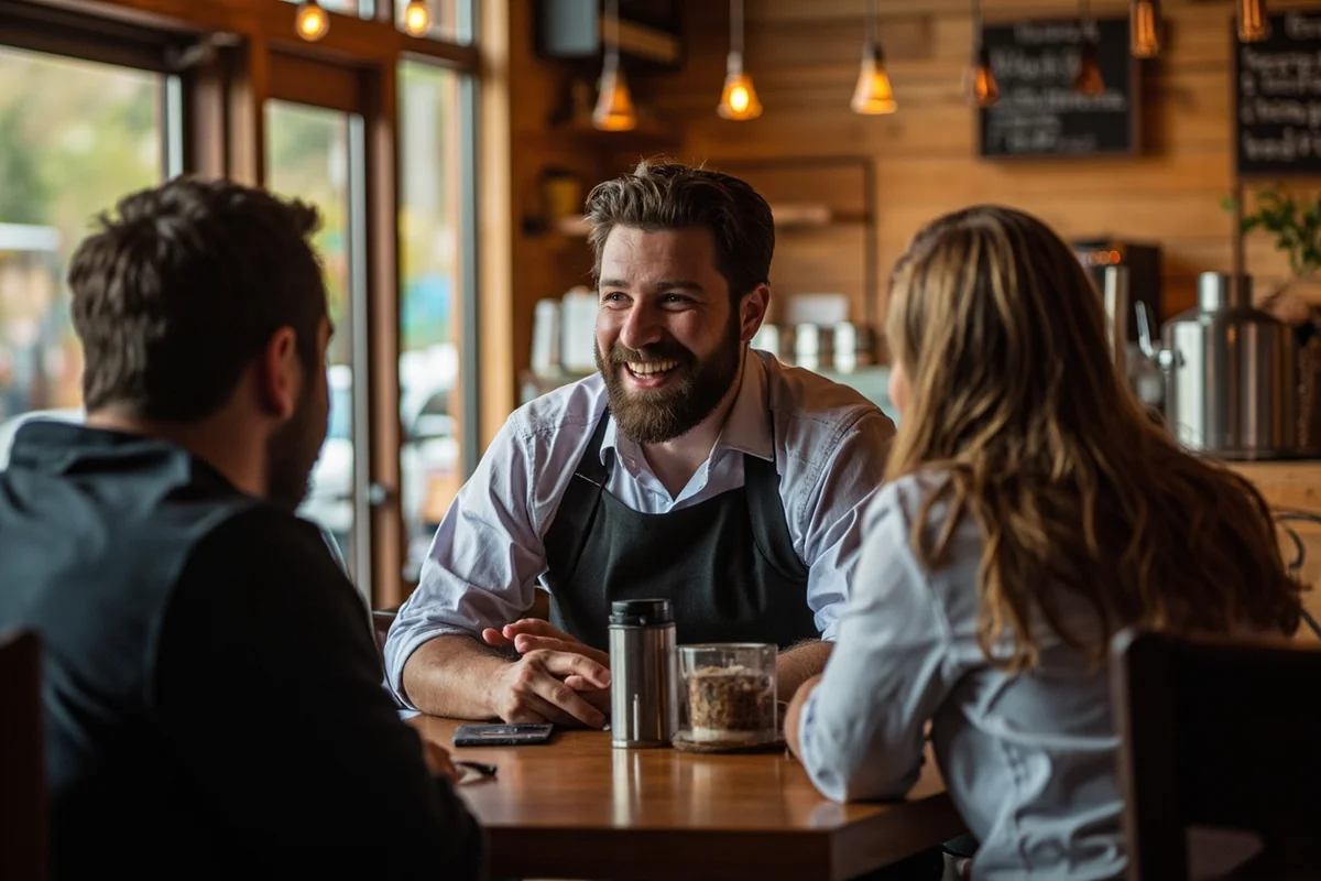Friendly server at local Montana café interacting with customers